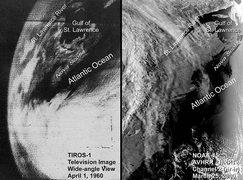 This images shows a comparison an image taken by TIROS-1 and the same region imaged by NOAA-15 in 2000.